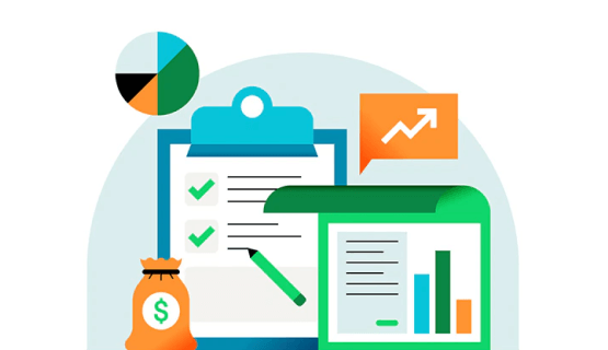 Graphic illustration of charts, graphs, clipboard and cash.